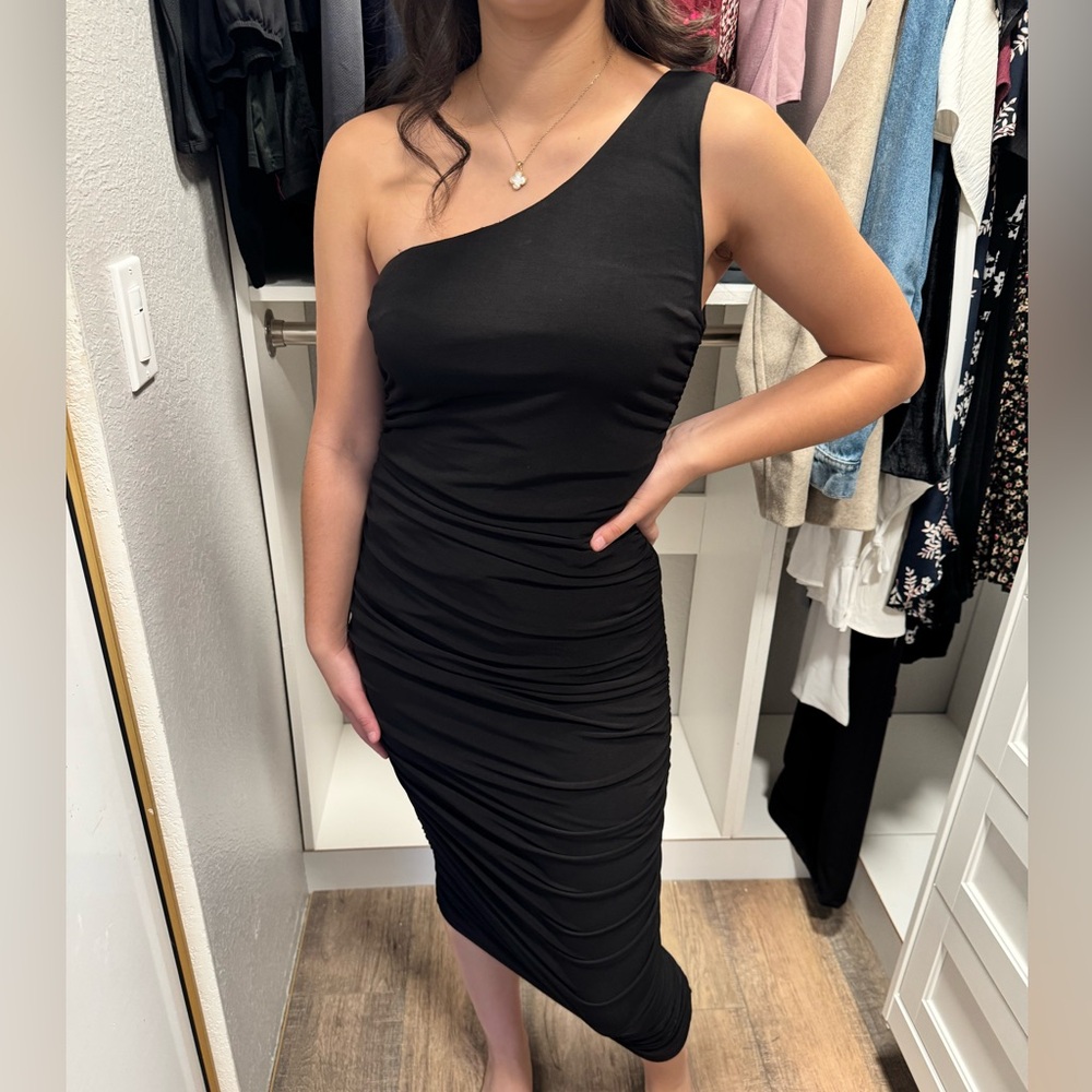 Lulu’s one shoulder black slip dress